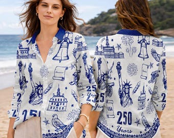 Usa Semiquincentennial Women Shirt, Usa Linen Blouse Shirt, Patriotic Casual Shirt, Independence Day Top, July 4th Shirt,Summer Button Shirt