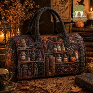 Könnte beinhalten: Eine gesteppte, tonnenförmige Handtasche mit einem dunklen, detaillierten Druck aus Hexenhüten, Zaubertrankflaschen, Kürbissen, Büchern und einer schwarzen Katze. Die Tasche hat zwei Tragegriffe und einen Aufnäher mit dem Namen Juniper in Gold.
