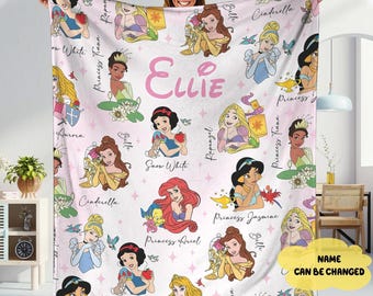 Custom Disneyland Princess Blanket, Princess Blanket Gift for Her, Cinderella Snow White Belle Jasmine Ariel Princess, Birthday Girl Blanket