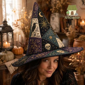 Skull Celestial Patchwork Quilted Witch Hat, Celestial Quilted Witch Hat, Purple Teal Moon Star Witchy Costume Hat, Halloween Witch Hat