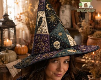 Skull Celestial Patchwork Quilted Witch Hat, Celestial Quilted Witch Hat, Purple Teal Moon Star Witchy Costume Hat, Halloween Witch Hat
