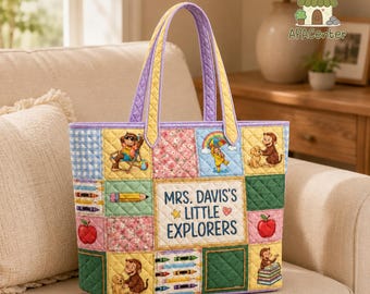 Custom Curious George Teacher Quilted Bag, Teacher Appreciation Tote, Curious George Quilted Bag, Custom Teacher Name Bag, Classroom Gift