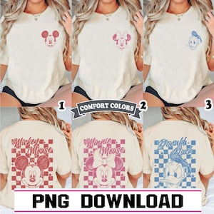 May include: Cream-colored t-shirts featuring Disney characters Mickey Mouse, Minnie Mouse, and Donald Duck. Each shirt has a character graphic on the front and back. The text "Comfort Colors" and "PNG DOWNLOAD" are also visible.