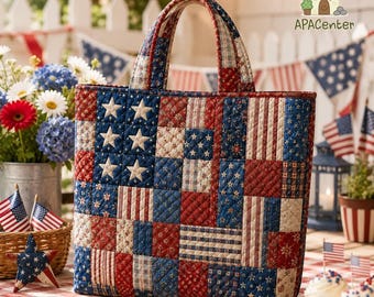 Personalized USA Flag Patchwork Quilted Tote Bag, Independence Day Party Women Handbag, Stars Stripes and Sparkle Bag for Her, Freedom Gifts