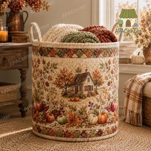 May include: A cylindrical fabric storage basket featuring a quilted texture and a printed autumn scene with a house, trees, and pumpkins. The basket has two side handles and is filled with three folded blankets in cream, green, and rust colors.