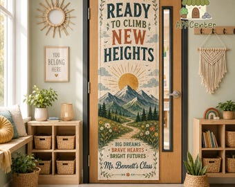 Personalized Teacher Linen Door Tapestry, Ready To Climb New Heights Classroom Banner, Back To School Decor