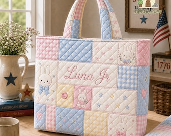 Personalized Quilted Bunny Cotton Tote Bag, Quilted Shoulder Bag for Her