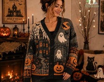 Haunted House Halloween Knit Cardigan, Ghost Pumpkin Fall Sweater, Spooky Forest Moon Cardigan, Haunted Cottage Halloween Sweater