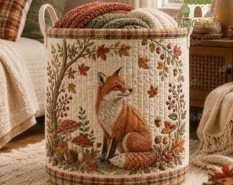 Woodland Fox Quilt Laundry Basket, Forest Animal Storage Hamper, Rustic Blanket Basket, Cottagecore Laundry Bin, Fox Home Organizer