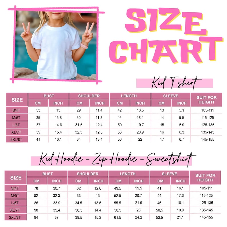 The image is a size chart for a kid's T-shirt, showing the bust, shoulder, length, sleeve, and suit for different sizes.