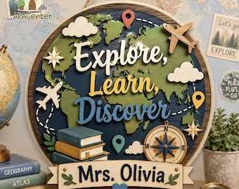 Custom Teacher Door Hanger: Explore, Learn, Discover, Classroom Sign, Back to School Gift, Custom 3D Teacher Door Hanger, Classroom Decor