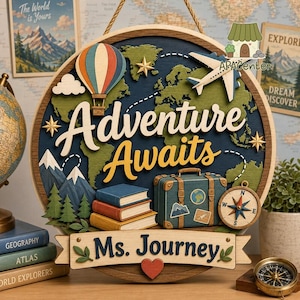 May include: A circular wooden wall sign featuring a world map, a hot air balloon, an airplane, a stack of books, a suitcase, and a compass. The text reads Adventure Awaits and Ms. Journey. The design includes mountains, trees, and a red heart.