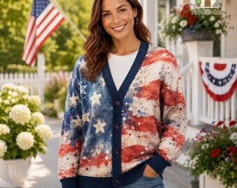 American Flag Knitted Cardigan, Patriotic USA Button Cardigan, Fourth of July Sweater, Independence Day Outfit, Gift for Her