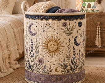 Celestial Wildflower Laundry Basket, Sun Moon Floral Storage Hamper, Quilted Laundry Basket, Cottagecore Laundry Basket,Botanical Home Decor