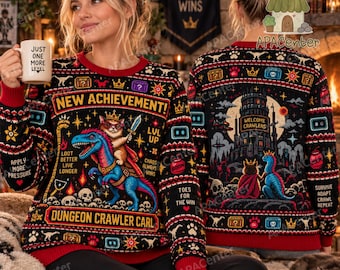 Dungeon Crawler Carl Christmas Cardigan, New Achievement Bookish Cardigan, Fantasy LitRPG Reader Sweater, Carl and Donut Holiday Sweater