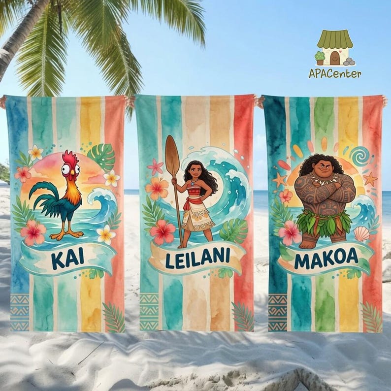 Custom Name Moana Maui Hei Hei Summer Towel, Personalized Moana Beach Towel, Polynesian Princess Kids Pool Towel afbeelding 1