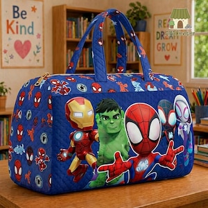 Spiderman Superhero Quilted Weekend Bag, Superhero Bag for Family Vacation, MCU Iron Man Hulk Spider Man Travel Bag image 1