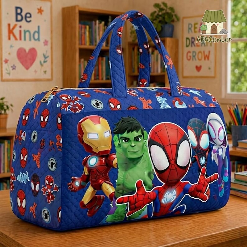 Spiderman Superhero Quilted Weekend Bag, Superhero Bag for Family Vacation, MCU Iron Man Hulk Spider Man Travel Bag image 1