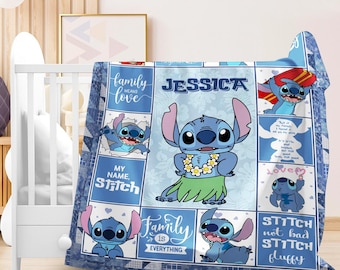 Custom Name Stitch Fleece Blanket, Stitch Ohana Blanket, Cute Stitch Blanket, Disneyland Stitch Blanket, Custom Throw Blanket for Sofa