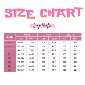 a size chart for long pants, with various waist, hip, and length measurements listed. The chart provides a visual representation of the different sizes available for the pants, allowing customers to easily compare the available options.