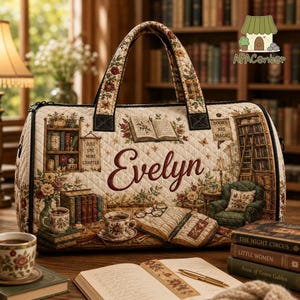 May include: A quilted duffel bag featuring a cream-colored fabric with a printed library scene, including bookshelves, an open book, and a green armchair. The name Evelyn is embroidered in dark red script. The bag has two matching floral handles.