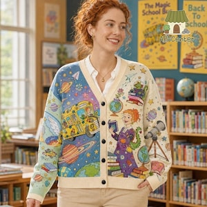 Vest voor de terug-naar-schooltijd voor leerkrachten, trui geïnspireerd op de Magic School Bus, gebreid vest geïnspireerd op Ms. Frizzle, bedankcadeau voor STEM-docenten