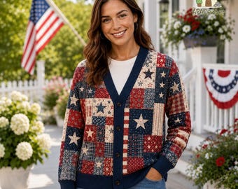 USA Flag Knitted Cardigan, Fourth Of July Outfit, Patchwork Style Outfit, Patriotic Button Up Knitwear For Men Women, Patriotic Cardigan