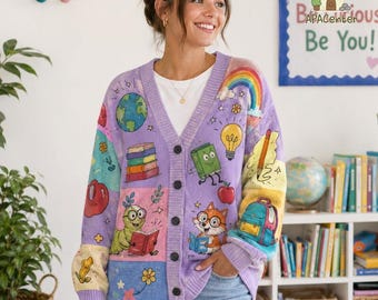 Teacher Reading Book Knitted Cardigan, Learning Theme V-Neck Cardigan, Back To School Teacher Gift, Elementary School Cardigan