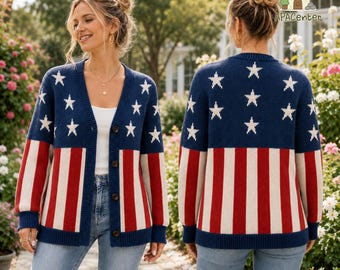 Stars and Stripes All-over Print Knitted Cardigan, American Flag Cardigan, Fourth of July Cardigan for Women, Independence Day Outfit