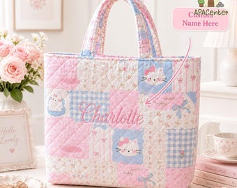 Personalized Quilted Tote Bag, Quilted Kitties Design, for Cat Lovers, Quilted Kitties, Bridesmaid Gift Bag