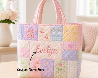Personalized Quilted Patchwork Tote Bag, Cherry Crochet Shoulder Bag, Bridesmaid Gift, Gift For Her