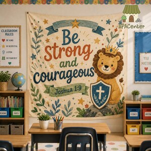 May include: A fabric wall tapestry featuring a cartoon lion wearing a crown, a shield with a cross, and the text Be strong and courageous Joshua 1:9. The design includes stars, leaves, and floral elements in shades of orange, blue, and green.