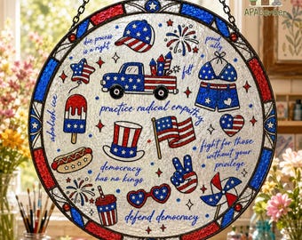 Patriotic Americana Suncatcher, Retro USA Doodle Window Hanging, Fourth Of July Decor, USA Freedom Suncatcher, Red White Blue Window Art