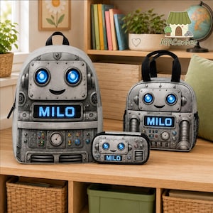 May include: A gray backpack, lunch bag, and pencil case set featuring a printed robot design with glowing blue eyes and a screen displaying the name MILO. The metallic-look gear includes dials, buttons, and rivets on a textured surface.