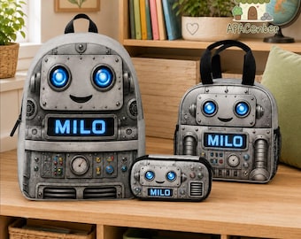 Personalized Silver Robot Backpack Set, Custom Name School Set Matching Lunch Tote and Pencil Pouch, Futuristic Robot Kids Gift