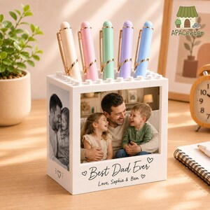 Custom Best Dad Ever Photo Block Pen, Family Block Desk Organizer, Sweet Gift From Kids, Father Son Keepsake Pencil Cup
