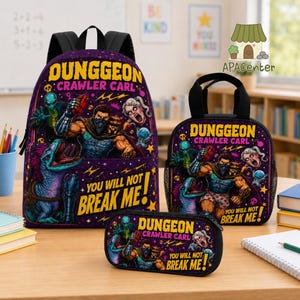 May include: A purple backpack, lunch bag, and pencil case set featuring the Dungeon Crawler Carl graphic print. The design includes a muscular character, a blue creature, and the text "Dungeon Crawler Carl" and "You Will Not Break Me!" in yellow.