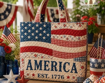 America 250 Handbag Quilted Tote Bag, 1776-2026 Patriotic Patchwork Tote Bag, 250 Years Of Freedom Gift, Reusable Shopping Bag