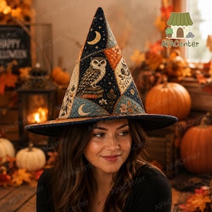 Owl Patchwork Quilted Witch Hat, Navy Orange Moon Halloween Witchy Costume Hat, Autumn Owl Witch Hat, Celestial Quilted Witch Hat