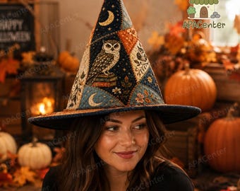 Owl Patchwork Quilted Witch Hat, Navy Orange Moon Halloween Witchy Costume Hat, Autumn Owl Witch Hat, Celestial Quilted Witch Hat