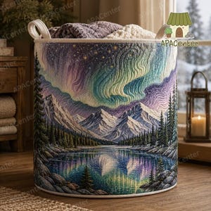 May include: A cylindrical fabric storage basket featuring a quilted landscape print of snow-capped mountains, a pine forest, and a lake under a vibrant purple and green aurora borealis sky. The basket has two white fabric handles at the top.