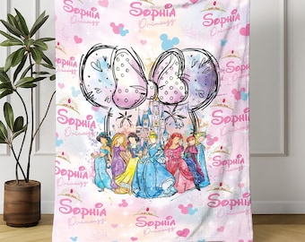 Personalized Watercolor Disneyland Princess Blanket, Castle Coquette Bows Blanket, Rapunzel Ariel Elsa Cinderella blanket,Birthday Girl Gift