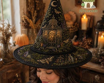 Gothic Lantern Quilted Witch Hat, Black Gold Celestial Witchy Costume Hat, Moon Vine Halloween Hat, Dark Gothic Witch Accessory