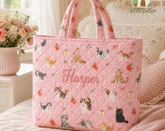 Quilted Kitties Tote Bag, Personalized Quilted Shoulder Bag, Custom Name Quilted Tote Bag, Quilted Cats Design, Bridesmaid Proposal Gift