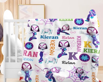 Personalized Spidey and His Amazing Friends Ghost Spider Blanket, Spiderwoman Blanket, Spiderman Cartoon Blanket, Custom Baby Blanket