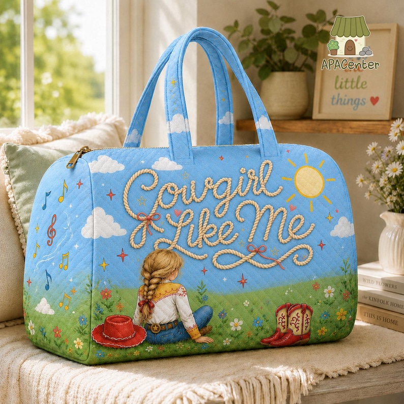Puede incluir: Un bolso de viaje acolchado de color azul claro con una escena impresa de una persona con el cabello trenzado sentada en un campo. El texto "Cowgirl Like Me" est&aacute; escrito en una fuente estilo cuerda, junto a notas musicales, un sol y botas.
