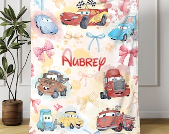 Personalized Watercolor Cars Blanket, Coquette Bows Blanket, Lightning McQueen Fleece Blanket, Cars Characters Throw, Pixar Cars Blanket