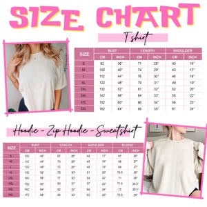The image is a size chart for a t-shirt, including a photo of a person wearing the t-shirt and a table with measurements for bust, length, and sleeve size.