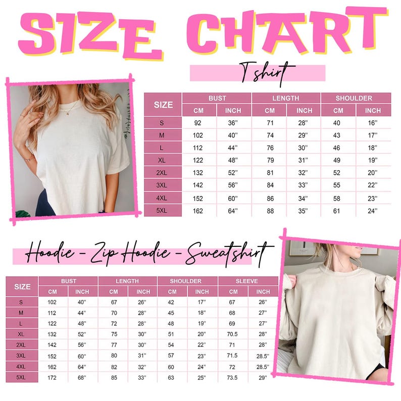 The image is a size chart for a t-shirt, including a photo of a person wearing the t-shirt and a table with measurements for bust, length, and sleeve size.