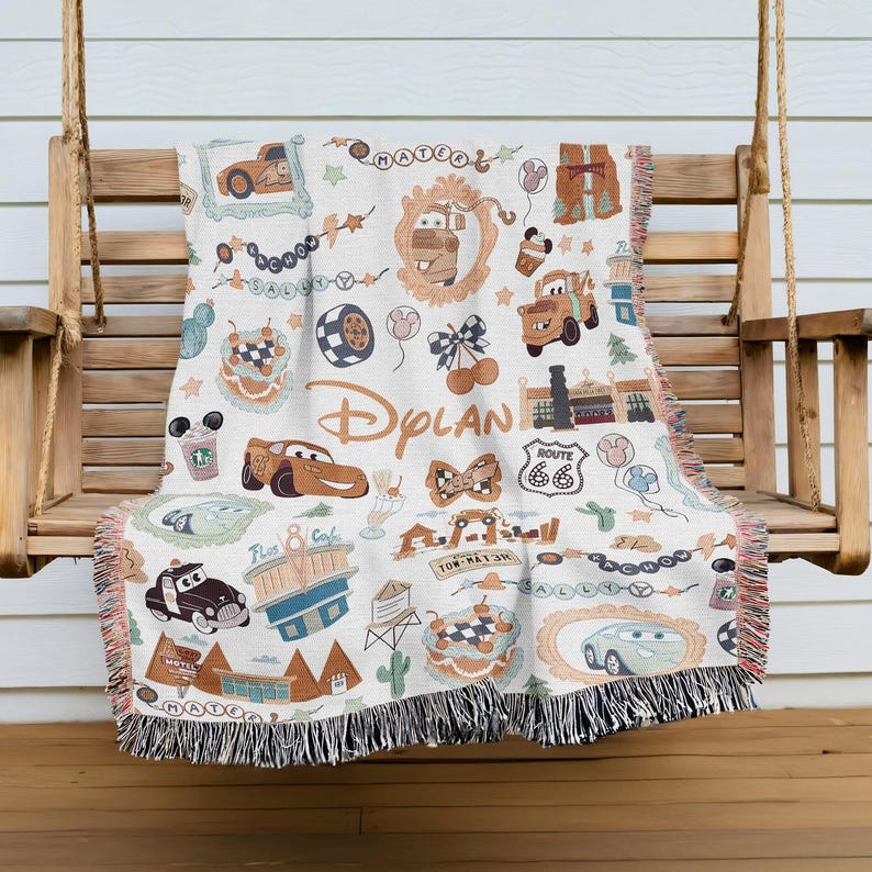 Personalized Pixar Cars Blanket, Boy Name Blanket, Lightning McQueen Woven Blanket, Cars Characters Throw, Disneyland Cars Blanket image 1